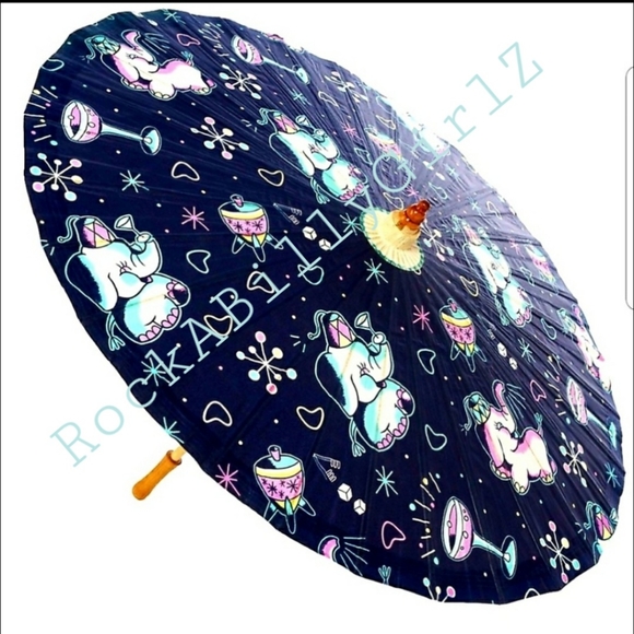 Sourpuss 32" Retro Pink Teal Elephants Martini Glass Paper Parasol Bamboo Handle - Picture 1 of 8